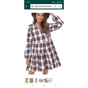 New Small Fancyinn Long Sleeve Buffalo Plaid Shift Tunic Ruffle Mini Dress NWT